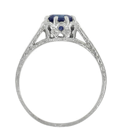 Art Deco Royal Crown 1 Carat Blue Sapphire Engraved Engagement Ring in Platinum - Item: R460PS - Image: 5
