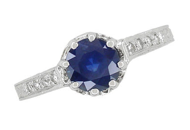 Art Deco Royal Crown 1 Carat Blue Sapphire Engraved Engagement Ring in Platinum - alternate view