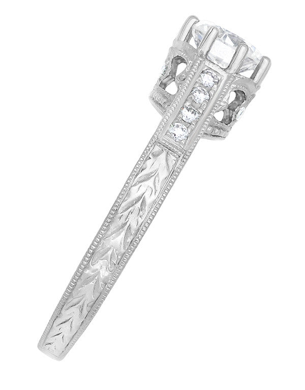 Art Deco 3/4 Carat Antique Style Engraved Crown Engagement Ring in 18 Karat White Gold - Item: R460W75D - Image: 5