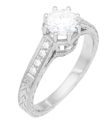 Art Deco 3/4 Carat Antique Style Engraved Crown Engagement Ring in 18 Karat White Gold - alternate view