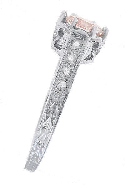Art Deco Royal Crown Antique Style 1 Carat Morganite Engraved Engagement Ring in 18 Karat White Gold - Item: R460WM - Image: 3