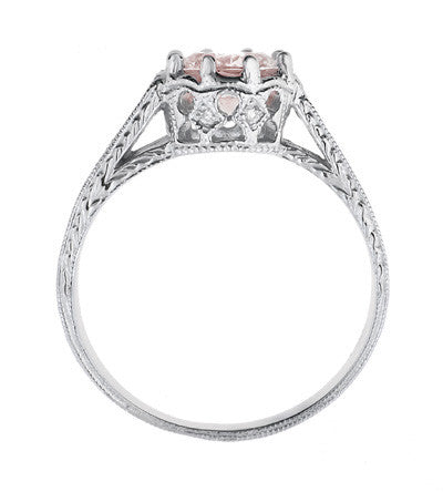 Art Deco Royal Crown Antique Style 1 Carat Morganite Engraved Engagement Ring in 18 Karat White Gold - Item: R460WM - Image: 4