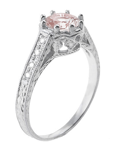 Art Deco Royal Crown Antique Style 1 Carat Morganite Engraved Engagement Ring in 18 Karat White Gold - Item: R460WM - Image: 2