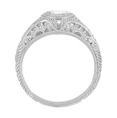 Art Deco Engraved Filigree Diamond Low Profile Engagement Ring in White Gold - 14K or 18K - Item: R464-LC - Image: 3