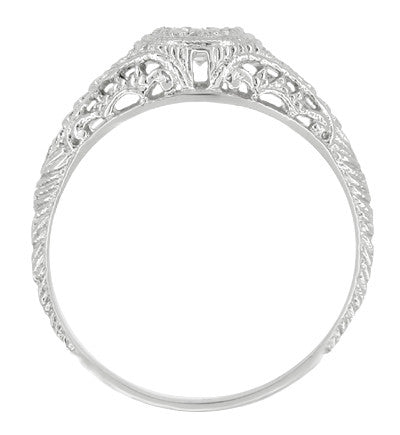 Art Deco Engraved Filigree Diamond Engagement Ring with Side Blue Sapphires in 14 Karat White Gold - Item: R464S - Image: 2