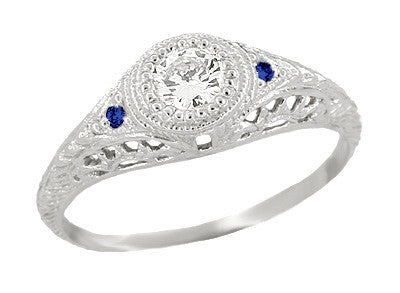 Art Deco Engraved Filigree Diamond Engagement Ring with Side Blue Sapphires in 14 Karat White Gold