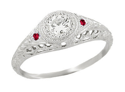 Low Profile Vintage Diamond Engagement Ring With Ruby Side Stones in White Gold Circa 1920s Art Deco - R464WR