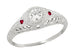 1920's Low Dome Filigree Engagement Ring With Side Rubies in 14 Karat White Gold