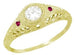 Art Deco Engraved Filigree Diamond Engagement Ring with Side Rubies in Yellow Gold