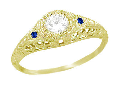 1920's Yellow Gold Low Dome Art Deco Engraved Filigree Diamond Engagement Ring with Side Blue Sapphires