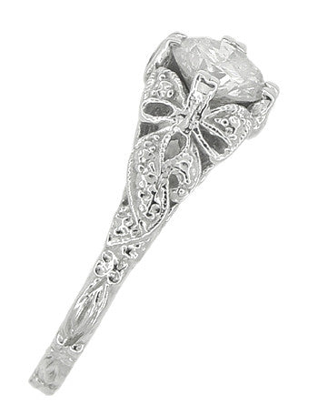 Edwardian Bows and Leaves Filigree Diamond Engagement Ring in 14 Karat White Gold - Item: R470 - Image: 3