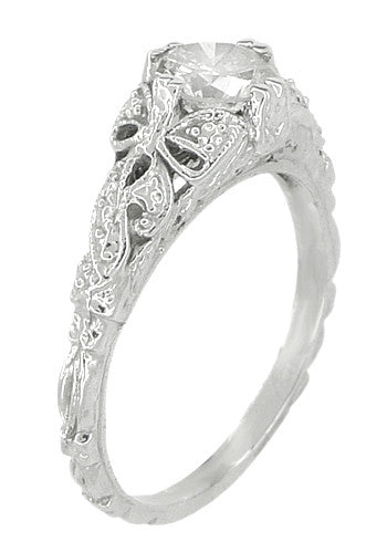 Edwardian Bows and Leaves Filigree Diamond Engagement Ring in 14 Karat White Gold - alternate view