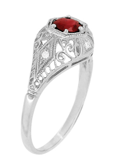 Edwardian Ruby and Diamonds Scroll Dome Filigree Engagement Ring in 14 Karat White Gold - Item: R471 - Image: 3