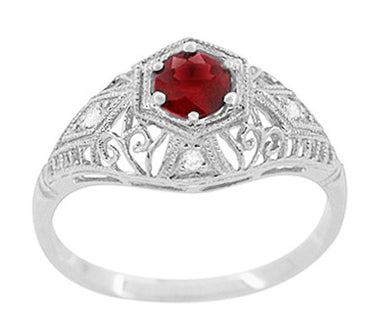 Edwardian Ruby and Diamonds Scroll Dome Filigree Engagement Ring in 14 Karat White Gold - alternate view