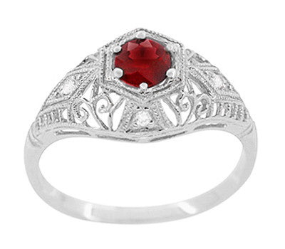 Edwardian Ruby and Diamonds Scroll Dome Filigree Engagement Ring in 14 Karat White Gold - Item: R471 - Image: 2