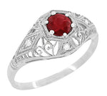 Edwardian Ruby and Diamonds Scroll Dome Filigree Engagement Ring in 14 Karat White Gold
