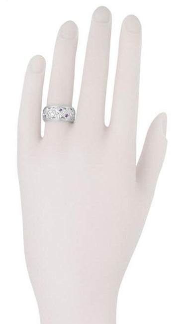 Retro Moderne Filigree Amethyst and Diamond 9.5mm Wide Wedding Ring in 14K White Gold - Size 6 - alternate view