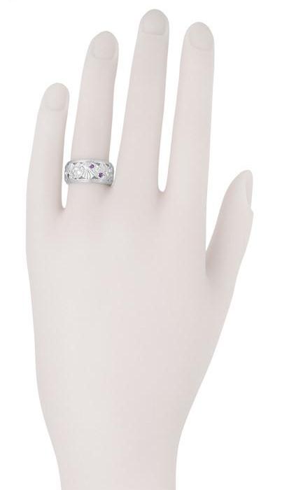 Retro Moderne Filigree Amethyst and Diamond 9.5mm Wide Wedding Ring in 14K White Gold - Size 6 - Item: R472 - Image: 2