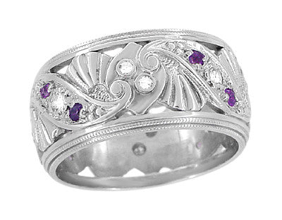 Retro Moderne Filigree Amethyst and Diamond 9.5mm Wide Wedding Ring in 14K White Gold - Size 6