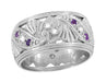 Retro Moderne Filigree Amethyst and Diamond 9.5mm Wide Wedding Ring in 14K White Gold - Size 6