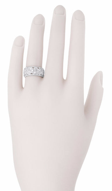 Retro Moderne Filigree Diamond Wide Wedding Ring in 14 Karat White Gold - alternate view