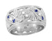 Retro Filigree Sapphire and Diamond 9.5mm Wide Wedding Ring in 14 Karat White Gold