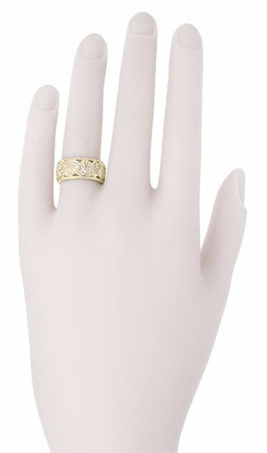 Retro Moderne Filigree Fan Scrolls Wide Diamond Wedding Ring in 14 Karat Yellow Gold - alternate view