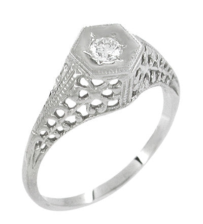 Art Deco Filigree Diamond Antique Engagement Ring in 14 Karat White Gold - Item: R480 - Image: 2
