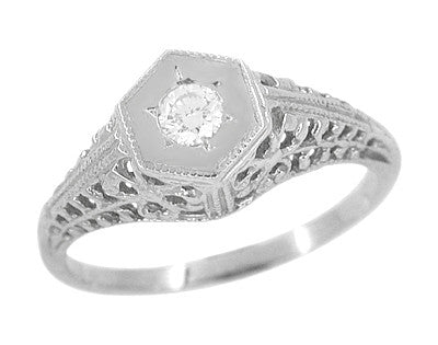 Art Deco Filigree Diamond Antique Engagement Ring in 14 Karat White Gold
