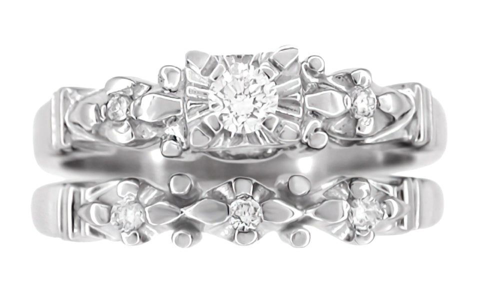 Platinum Retro Modern 1950's Style Starburst Diamond Bridal Engagement and Wedding Ring Set - Item: R481PSET - Image: 2
