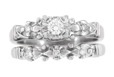 1950's Mid Century Retro Modern Starburst Bridal Diamond Ring Set in 14 Karat White Gold - alternate view
