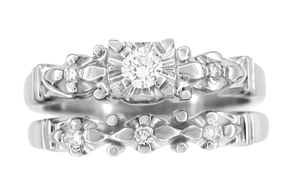 1950's Mid Century Retro Modern Starburst Bridal Diamond Ring Set in 14 Karat White Gold - Item: R481SET - Image: 2