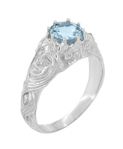 Art Nouveau Crowned Ladies Vintage Aquamarine Ring in 14K White