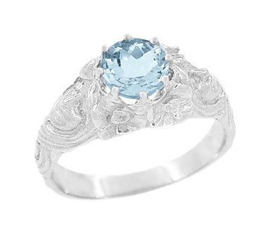 Art Nouveau Crowned Ladies Aquamarine Ring in 14 Karat White Gold - alternate view
