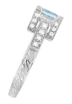 Side Engraving on 1920s Art Deco Platinum 1 Ct Square Aquamarine Vintage Engagement Ring with Diamonds - R495A