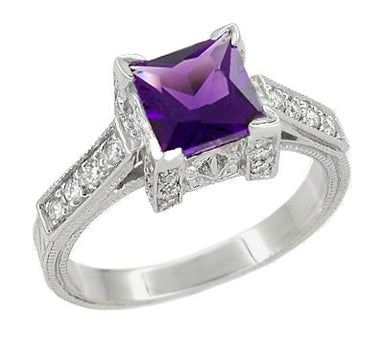 Square Princess 1 Carat Antique Amethyst Engagement Ring in Castle Setting with Side Diamonds - R496AM