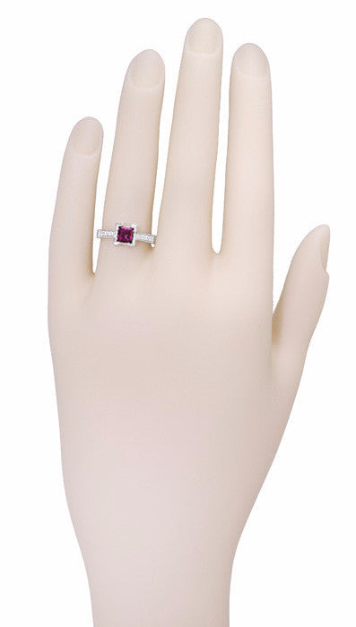 Vintage Inspired Art Deco 1 Carat Princess Cut Rhodolite Garnet and Diamond Engagement Ring in Platinum - Item: R495G - Image: 3