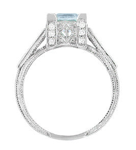 Filigree Side of Art Deco Filigree Vintage 1 Ct Square Princess Cut Aquamarine Engagement Ring in 18K White Gold with Diamonds - R496A