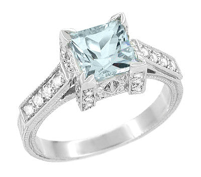 Art Deco Filigree Vintage 1 Carat Princess Cut Aquamarine Engagement Ring in White Gold with Diamonds - R496A