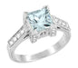 Art Deco Filigree Vintage 1 Carat Princess Cut Aquamarine Engagement Ring in White Gold with Diamonds - R496A