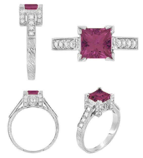 Art Deco 1 Carat Princess Cut Rhodolite Garnet and Diamond Engagement Ring in 18 Karat White Gold - Item: R496G - Image: 2