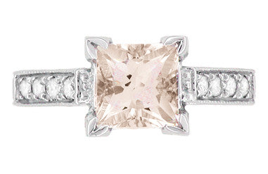 Art Deco 1 Carat Princess Cut Morganite and Diamond Engagement Ring in 18 Karat White Gold - Item: R496M - Image: 4