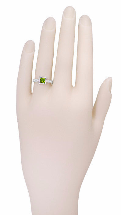 R496PER on hand - Antique Peridot Engagement Ring with Square Peridot Stone