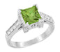 Vintage White Gold 1 Ct Square Peridot Engagement Ring with Side Diamonds - Art Deco Castle - R496PER