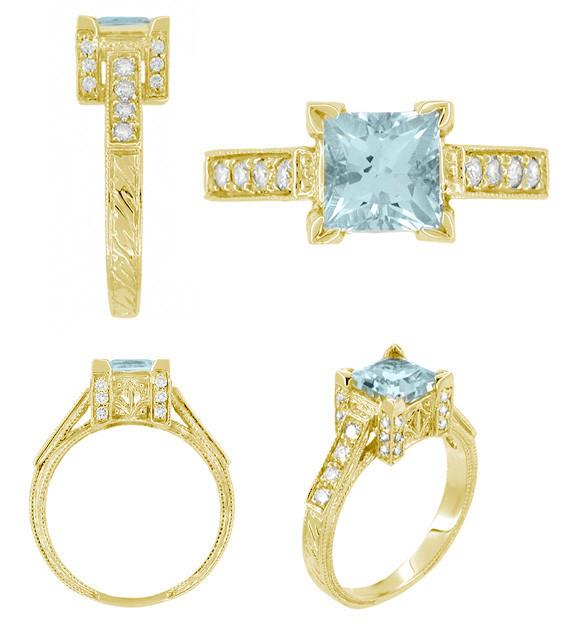 Yellow Gold Filigree Square Aquamarine and Diamonds Engagement Ring - Natural Princess Cut Aquamarine Stone