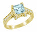 18 Karat Yellow Gold Art Deco 1 Carat Princess Cut Aquamarine Engagement Ring with Side Diamonds