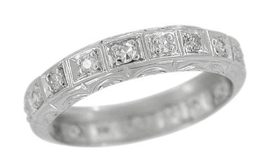 Art Deco Niantic Engraved Platinum Straightline Vintage Diamond Wedding Band - Size 9