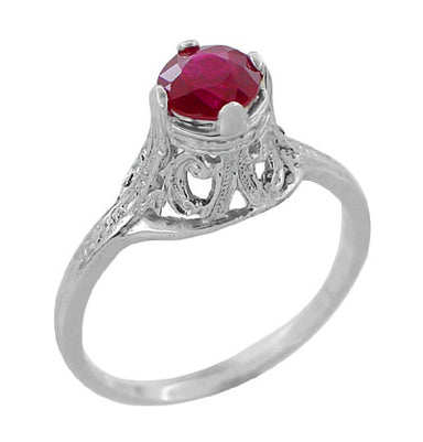 Filigree Regal Scrolls "High-Set" Ruby Art Deco Engagement Ring in Platinum