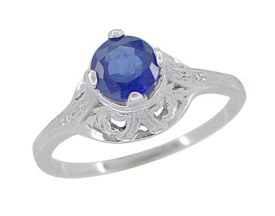 Filigree Regal Scrolls "High-Set" Art Deco Blue Sapphire Engagement Ring in Platinum - Item: R586P - Image: 4