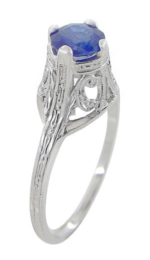 Filigree Regal Scrolls "High-Set" Art Deco Blue Sapphire Engagement Ring in Platinum - Item: R586P - Image: 2
